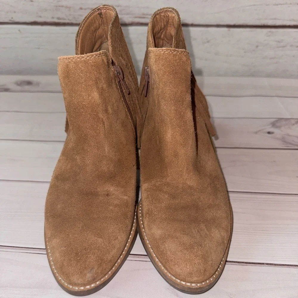 Lucky Brand Freedah Fringe Suede Booties Tan Size 7M Western  Boho Almond Toe